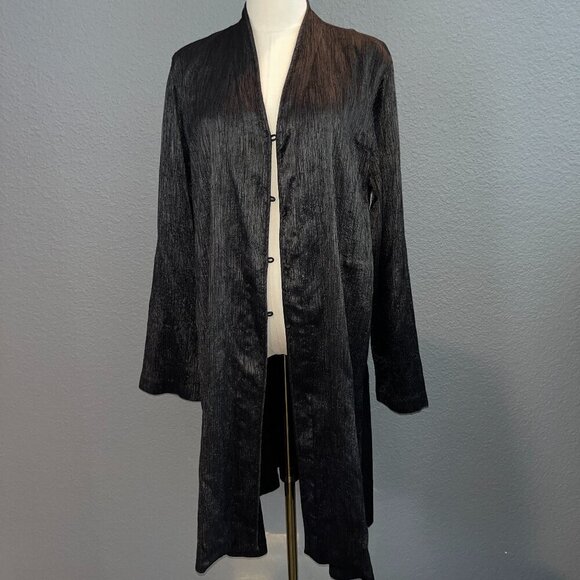 EILEEN FISHER SILK BLEND SHIMMERY BARK LOOK LONG LINE SIDE SLIT KIMONO JACKET -L - Picture 1 of 14
